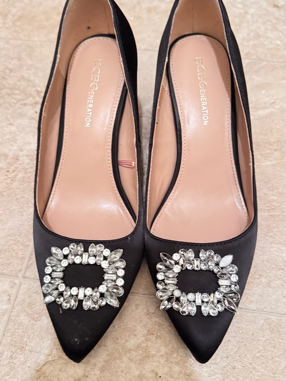 BCBGeneration Black Satin Pointed Pumps with Crystal Embellishment